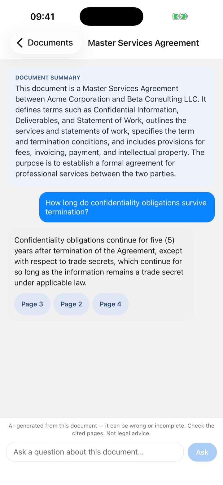 A question about how long confidentiality obligations survive termination, answered with citations to pages 3, 2 and 4