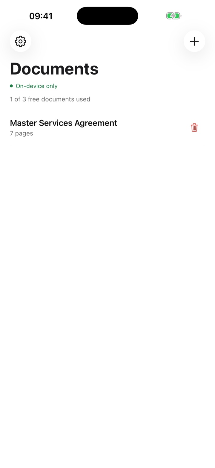 DocQuery Documents list showing a Master Services Agreement, 7 pages, marked On-device only