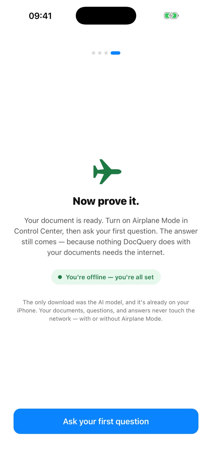 DocQuery onboarding screen titled Now prove it, asking you to turn on Airplane Mode and showing You're offline, you're all set