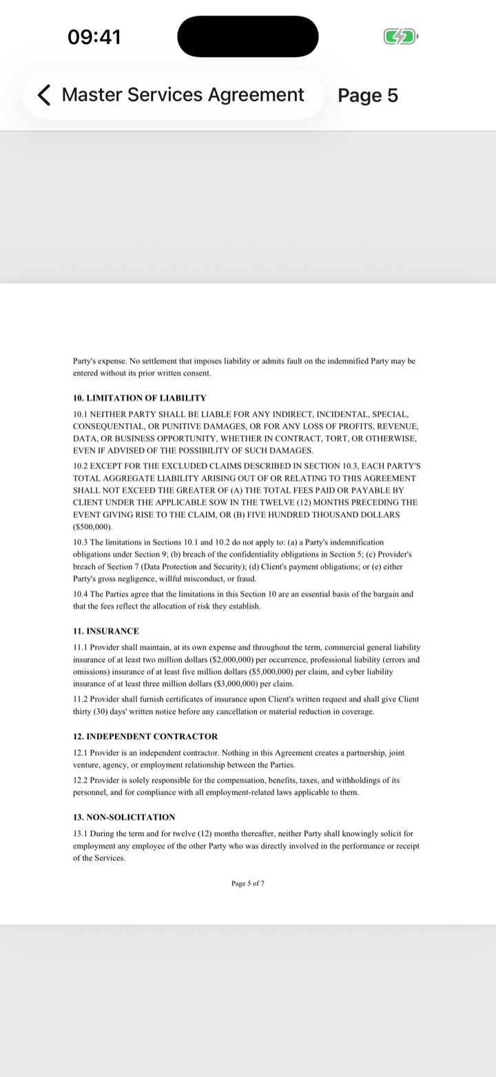 Page 5 of the Master Services Agreement open in DocQuery, showing the limitation of liability clause